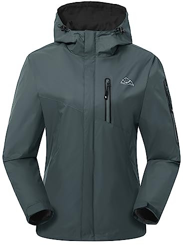 YSENTO Damen Regenjacke Wasserdicht Atmungsaktiv Outdoorjacke Leichte Übergangsjacke Windbreaker mit Kapuze(Grau,2XL)