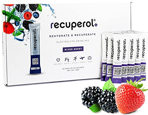 Recuperol Electrolytes Sachets - Rehydration Electrolytes Powder with Zinc, Vitamin C, B12, D3 & Potassium for Hydration - Sugar Free, Vegan & Low Calorie - Mixed Berry 60 Pack