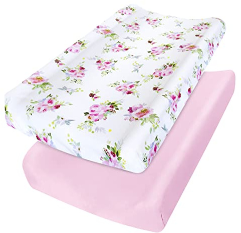 Changing Pad Cover for Girls 2 Pack, Lovely Print Soft Diaper Change Table Sheets, Fit 32x16 Contoured Pad, Comfy Cozy 2-Pack Cradle Sheets,Floral