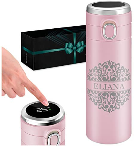 Maverton Pink Travel Mug for her - Personalized 400 ml Tumbler - Tea Thermos with Engraving - Perfect Coffee Cup for Women - Stainless Steel Insulated Cup - Smart Tumbler for Girl - Ornamental
