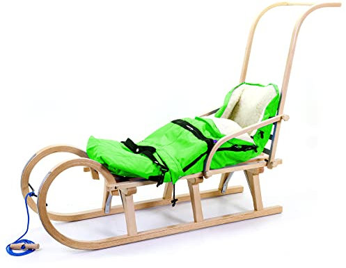 HolzFee Baran S 110 Schlitten Baby | Babyschlitten mit Schiebelehne und Fußsack XL (Grün)