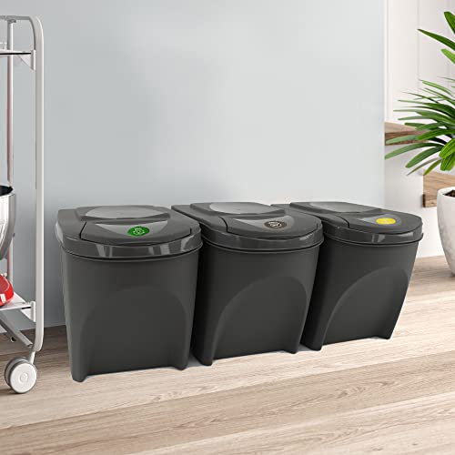 Sorting Waste Bin Recycling Segregation Stackable Lidded Handle Flap Lid 25L Grey (3, Grey)