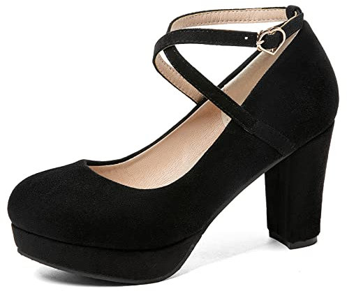 MJIASIAWA Femmes Bout Rond Plateforme Bloc Escarpins Mary Janes Comfy Mariage Robe Talons Hauts Bride Cheville Suède Fête Chaussures Noir Taille 45 EU/47 Asiatique