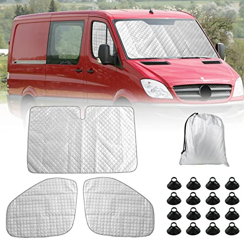 Thermomatte Fahrerhaus Innen für Mercedes Sprinter 2006-2019, 3 Stk Wasserdicht UV-Proof Sonnenschutz Auto Frontscheibe Wintergegen Schnee Frontscheibenabdeckung mit Schwarzem Rücken, 98% Verdunkelung