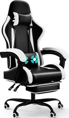 Devoko Silla Gaming con Masajeador, Silla Oficina con Reposapiés, Silla Juego de Carreras con una Carga de 150 kg, Respaldo Ajustable Alto Silla Ergonomica de Juegos Reclinable 90-135°(Blanco)