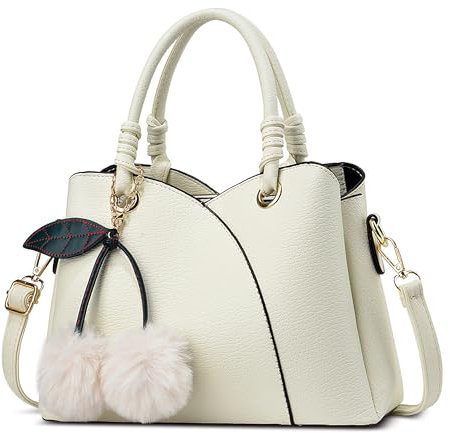 SODOLLEE Damen Handtasche Elegant Henkeltaschen Pompon Umhängetasche PU Leder Mehrere Taschen Schultertasche für Reisen Arbeiten Shopper Bianco