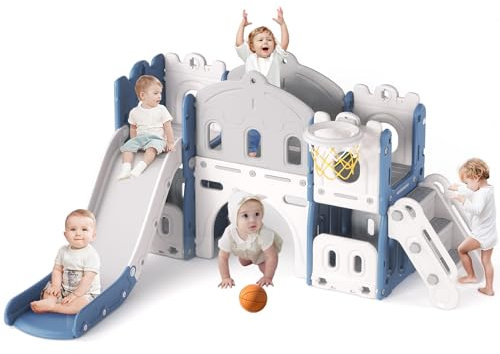 FUKEA 6-in-1 Kids Slide, Outdoor & Indoor Toddler Castle Slide Climbing Frame with Storage Box, Garden Slide Playground for Toddlers age 1-3(Blue)