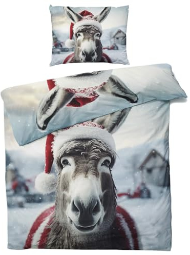 Esel Bettwäsche 135x200 Winter - Weihnachts Bauernhoftiere Bettbezug 135 x 200 2er Set, Wendebettwäsche und Kissenbezug 80x80, Weiche & Angenehme Mikrofaser Bettwäsche-sets mit Reißverschluss