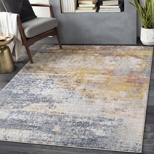 Livabliss Sarasota Wohnzimmer modern – Abstrakt Design in Marmor Optik für Wohnzimmer 140x200 cm, Esszimmer, Schlafzimmer - Marmor e groß, weicher Kurzflor in Blau, Senfgelb, Rost