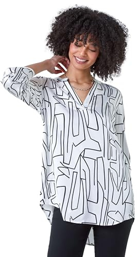 Roman Shirt for Women UK Ladies Top Collarless Blouse Stretchy Tunic Smart Casual Autumn Winter Jersey 3/4 Length Sleeve Notch V Neck Flattering Office Work - Ivory Noir - Size 10