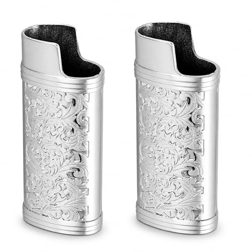 Vintage Metal Lighter Case Cover Holder Fit for BIC J5 Lighter, 2Pcs | Retro Floral Stamped, Reusable Portable Lighter Sleeve Case, Lighter Protective Sleevee for Travel Outdoor, Silver