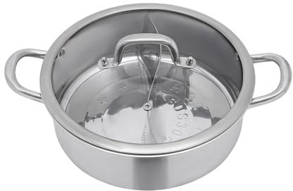 Hot Pot - Cacerola con 2 compartimentos de acero inoxidable, con 2 cucharones de sopa, olla para cocina de inducción, cocina de gas, tapa de cristal (28 cm)