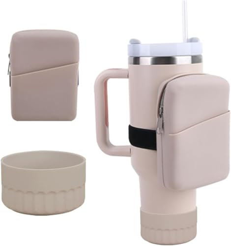 Theaque Pochette en silicone pour gobelet Stanley de 50,8 à 887,4 à 1200 ml, accessoires compatibles avec sac banane Stanley, sac de rangement de sport (marron [pochette tasse + bottes])