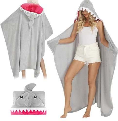 Chingcoo Hai Decke, Shark Blanket, Tragbare Decke, Kuscheldecke Shark Blanket 173 x 135 cm, Hai Decke zum Anziehen, Hai Tragbare Decke mit Ärmeln und Kapuze für Erwachsene Alltag & Reise (Gray)
