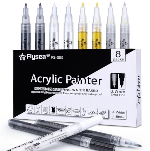 LCDGTJ 8 Pack Acrylstifte Set für steine wasserfest, 0,7mm Schwarz Weiß Gold Silber Acrylic paint marker Stifte für Stein, Glas, Holz, Bemalen, Kunststoff, Metall, Leinwand, Art und DIY Projekte
