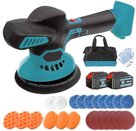 Akku Poliermaschine, Akku Polierer Ersatz Für Makita 18V, 6-Gang Getriebe geeignet für verschiedene Szenarien, 150mm Und 24Pcs Kleines Zubehör, Auto Poliermaschine Geeignet Zum Polieren, 2X5.5Ah Akku