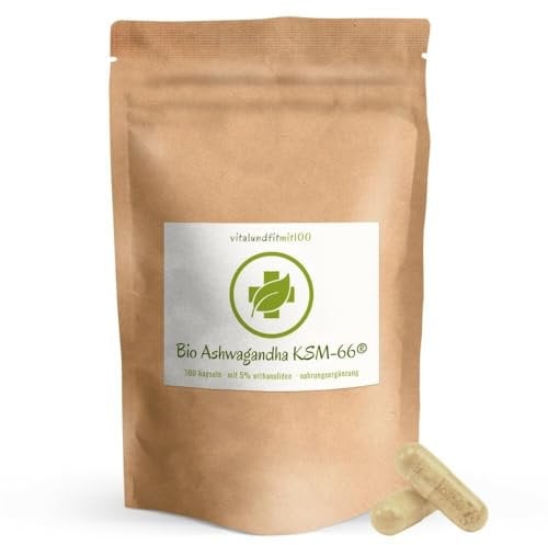 Bio Ashwagandha - KSM-66® Premiumrohstoff - 100 Kapseln hochdosiert - Original indische Schlafbeere - 100% natürlich - standardisierter Wihanolid-Gehalt von 5%