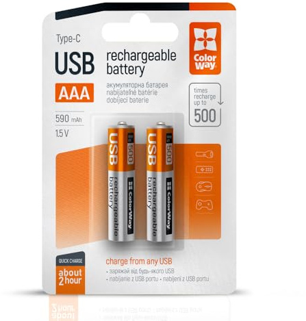 ColorWay AAA USB-C Akku, 590mAh, 1,5V, 500x Wiederaufladbar, 2 Stück