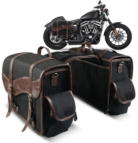 NICECNC Vintage Öl gewachste Segeltuch Motorrad-Satteltaschen, 15 Liter, Schwarz, Universal Fit, Sitzmontage, für Motorrad, Abenteuer, Street Glide