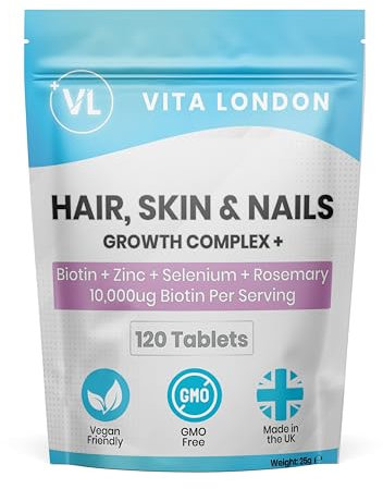 Biotin for Hair Growth Women & Men 10,000ug | Hail, Skin and Nails Vitamins Growth Complex with Zinc & Selenium & Rosemary | 120 Biotin Tablets (not Gummies, Capsules or serum) | Vegan, UK Made