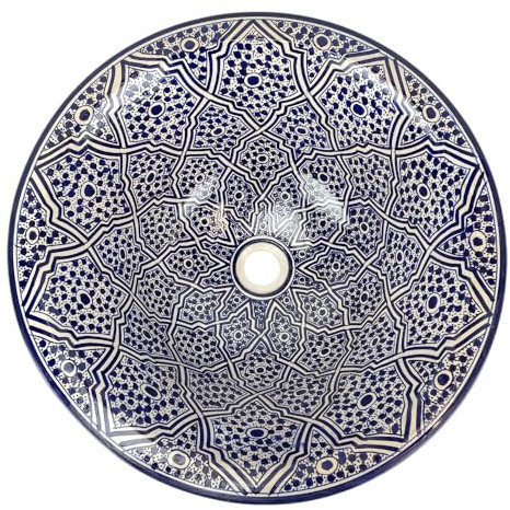 Lavabo Marocain en céramique, peint à la main, motif géométrique bleu et blanc, 50 cm, par Fès
