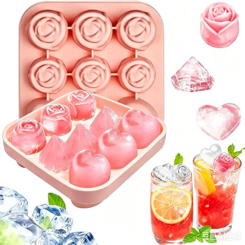 Bogoro Moules à Glaçons en Silicone 9 Compartiments Bacs à Glaçons enForme de Rose Alimentaire Sans BPA Réutilisables Cocktails Whisky Vin Congélateur de Jus (3.2cm Rose+Diamant+Cœur d'amour)