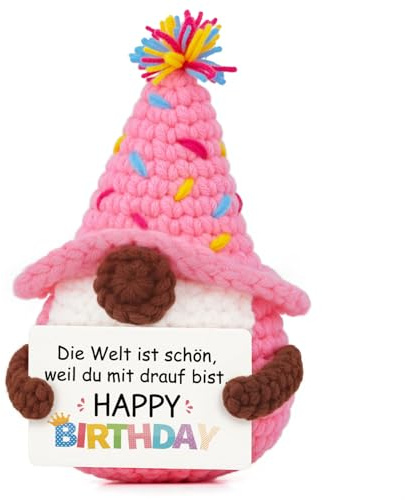 Giftasy Geburtstagsgeschenk für Frauen – Handgehäkelter Wichtel mit Energiekarte, Geburtstagsgeschenk für Mama, Mädchen, Freundin, Oma, Schwester, Geschenke für Frauen zum Geburtstag, Happy Birthday