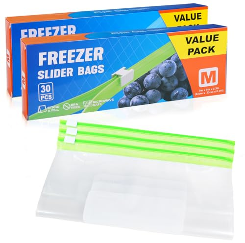 Norvens 60-Pack Large Capacity Freezer Bags (2.45L) - Reusable Ziplock Bags with Expandable Bottom & Secure Slider Seal for All Your Food Storage Needs