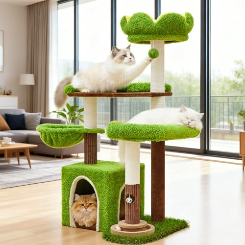 Woochpet Cat Tree Tower with Large Cat House,Three Platforms Jumping and Sleeping, a Cozy Hammock, play areawith Premium Sisal Scratching Post (Green)