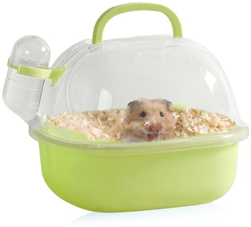 Transportbox Hamster mit Wasserflasche, 20x18x19cm Tragbare Transportbox Kleintiere Transportkäfig mit Lüftungsschlitze Reisebox Tragekäfig für Rennmäuse, Mäuse, Zwerghamster (Grün)