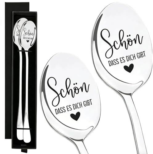 2 Stück Löffel mit Gravur Schön dass es dich gibt geschenke für Frauen Männer Beste Freundin Geschenk Kaffeelöffel Langstielig Dessertlöffel mit Geschenkbox und Stoffbeutel