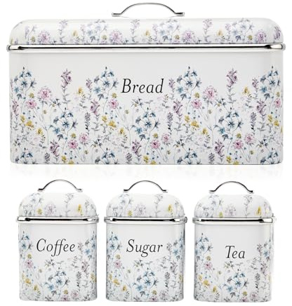 Laura Ashley Bread Bin Removable Lid, Stainless Steel and Set of 3 Canisters With Hand Applied Wild Meadow Print, VQBB66CLAWMUK / VQBB25LAWMUK, EEJB453