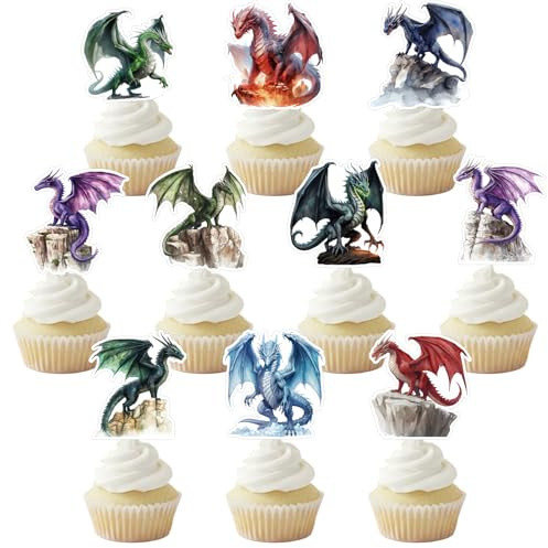 Afritee Drachen Geburtstag Deko, 30 Stück Drache Thema Cupcake Topper Tortendekoration Picks Junge, Tortendeko Geburtstag Party Dekoration Versorgung