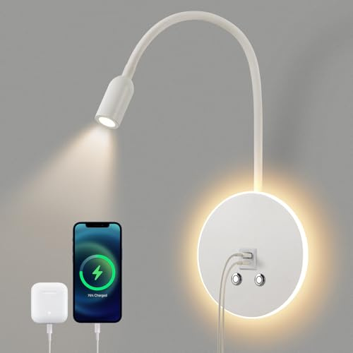 AWEKLIY 3W+6W LED Liseuse murale, Lampe De Chevet applique liseuse 3000k avec interrupteur tactile à variateur et recharge USB, col de cygne rotatif à 360° pour la chambre à coucher Salon Hôtel, blanc