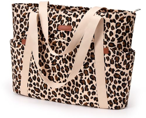 KALIDI Groß Tote Bag Damen Mehrere Taschen Shopper Tasche für Arbeit Schule | Wasserdicht Reißverschluss Leicht Cord Reise Strandtasche Gym Beach Reisen Leopard