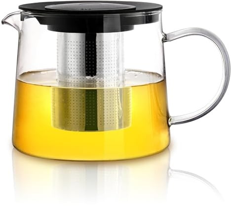 1.5L Glaskanne mit Sieb, Teekanne Glas Teekanne Mit Siebeinsatz, Hitzebeständige Glasteekanne, Glas Teapot, Ideal für Lose Blätter und Kräutertee und Saft, 21,5 x 15 x 13,5 cm