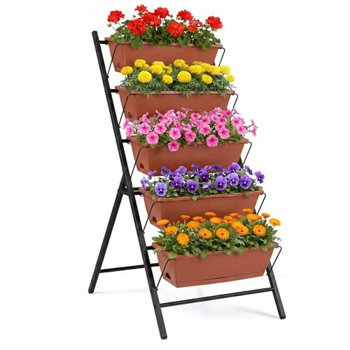 COSTWAY Jardinière Verticale Surélevée à 5 Niveaux sur Pied, Bac à Fleurs Autoportante avec 5 Bacs de Plantation et Trous de Drainage Plateau Amovible, pour Jardin Balcon Terrasse (Rouge)