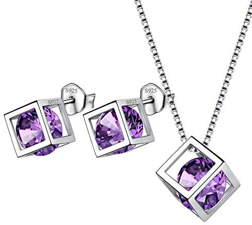 Aurora Tears Februar Birthstone Halskette Ohrstecker 925 Sterling Silber Lila Amethyst Platz Geburt Stein Schmuck Set Geschenke für Frauen und Mädchen DS0028F