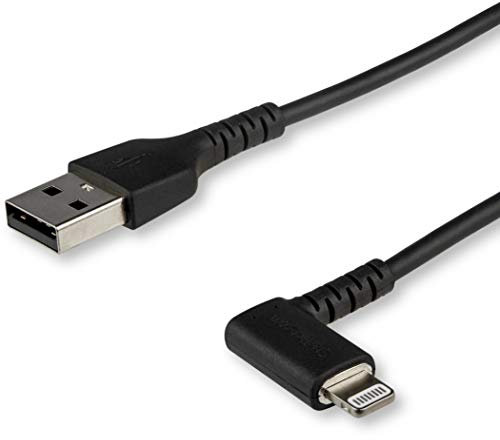 StarTech.com 3ft (1m) Durable USB A to Lightning Cable - Black 90 Right Angled Heavy Duty Rugged Aramid Fiber USB Type A to Lightning Charging/Sync Cord - Apple MFi Certified - iPhone (RUSBLTMM1MBR)