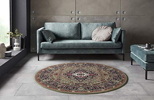 Nouristan Mirkan Orient Teppich Rund – Wohnzimmerteppich Orientalisch Kurzflor Vintage Orientalischer Teppich für Esszimmer, Wohnzimmer, Schlafzimmer – Grün, 160cm