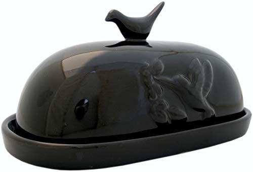 JBK Pottery Hummingbird Butter Dish - Black