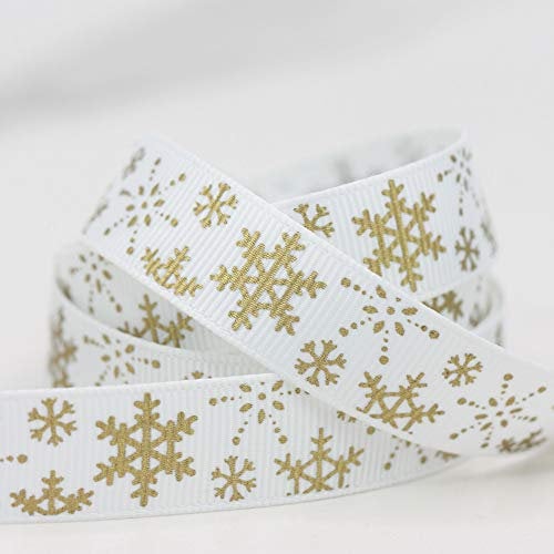Christmas Ribbon, Grosgrain Polyester 16mm Winter Holiday Ribbon for Gifts Wrapping DIY Craft Sewing Xmas Tree Cake Wreath Bow Making Christmas Party Decoration, 5m (Winter Snowflakes Gold)