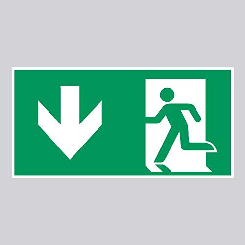Zone-Stickers Autocollant Panneau Sortie de Secours Gauche - Flèche Bas - ISO7010 - A180/E001-20cm x 10cm