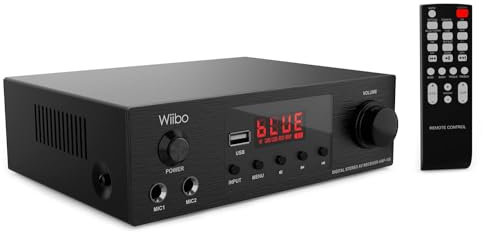 Wiibo AMP 100 - Amplificador HiFi - Conexión Bluetooth - Entrada USB - Respuesta Lineal - Potencia 50W + 50W - 2 Entradas de Micrófono - Pantalla LED - Mando a Distancia - Equipo de Sonido
