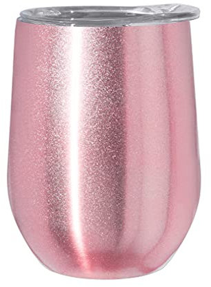 OGGI Cheers 'Celebrate Collection' - Vaso de vino aislado de acero inoxidable, brillo rosa, 12 onzas, con tapa deslizante transparente.
