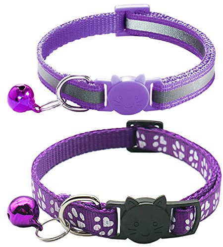 Qinao 2Pack Cat Collars Quick Release Reflective Kitten Collar with Bell & Safety Release (Purple)