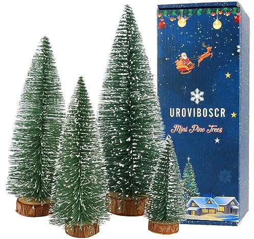Green Bottle Brush Trees Christmas, 4 Pcs Mini Christmas Tree, Miniature Tree 9.9/7.9/5.9/3.9 Inch, Small Christmas Tree with Snowflakes, Christmas Decorations Indoor