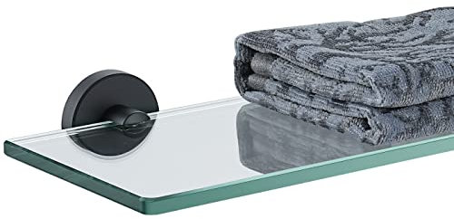 JQK Badezimmer-Glasregal, Badezimmer Wandregal, Ablage Bad, Duschaufbewahrung, schwarz, gehärtetes Glas, 61 x 12,7 cm, 304 Edelstahl, mattschwarz, Wandhalterung, TGS101L24-PB