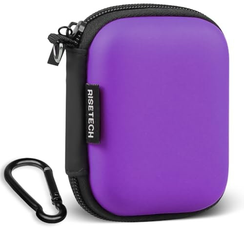 Earbud Case, RISETECH Earphone Case Holder Hard EVA Headphone Small Zipper Pouch Compatible with Wireless in-Ear Headset, SD Cards, USB Charger Cable, AirPods, Sony Wired Earbuds with Keychain -Purple