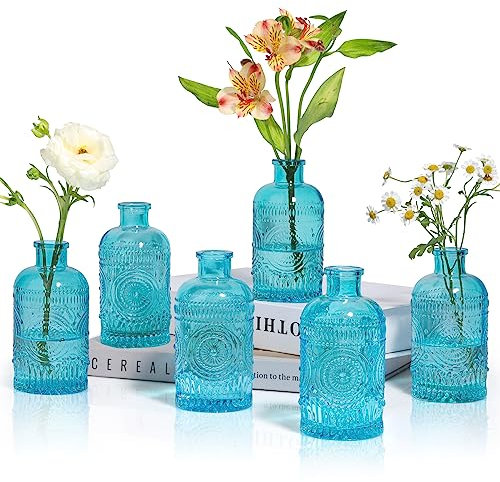 ComSaf Glass Bud Vases Set of 6, Small Clear Bud Vases in Bulk, Mini Vintage Decorative Bottles, Modern Floral Centerpiece for Flowers, Wedding Recepetion, Home Decor, Housewarming Gift (Blue)